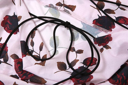 Flower print low cut spaghetti strap contrast lace up backless midi dress