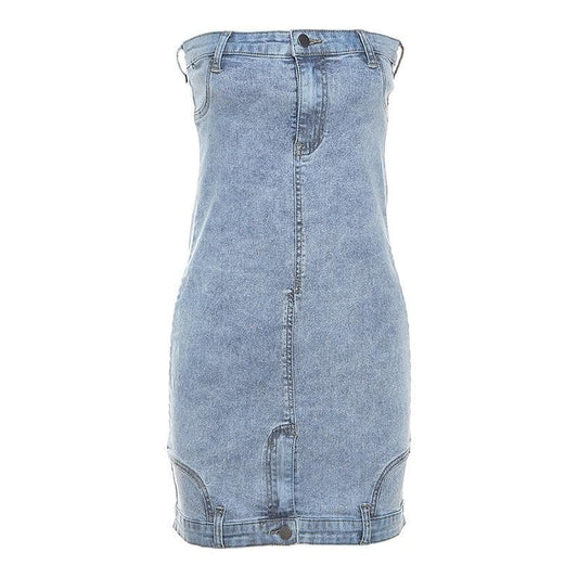Button zip-up backless denim tube mini dress