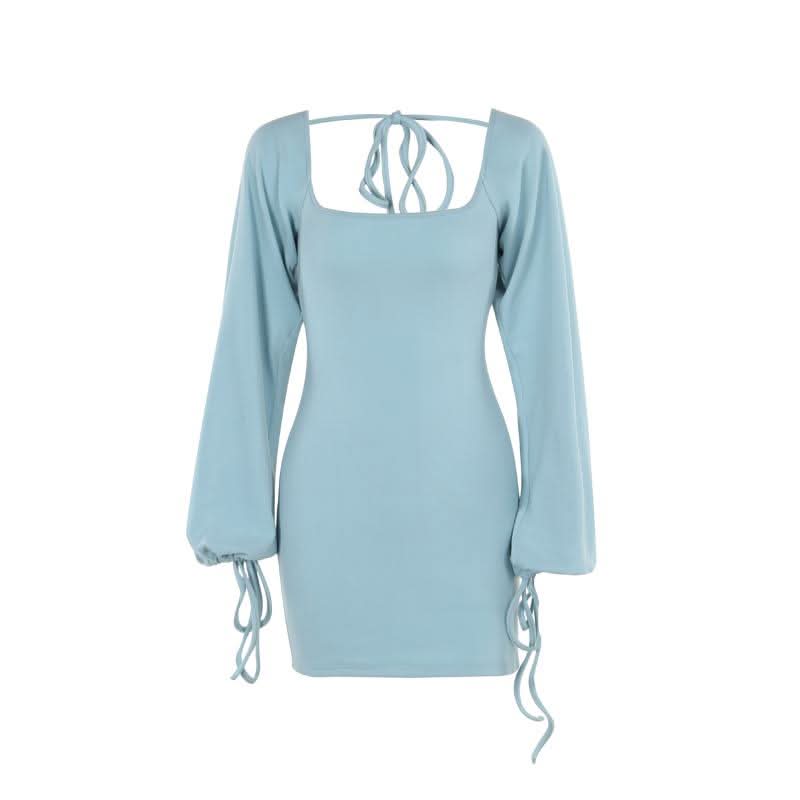 Long sleeve u neck self tie backless mini dress