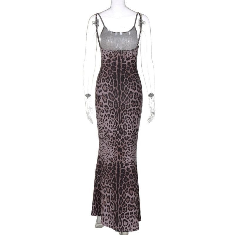 Leopard print u neck backless cami maxi dress