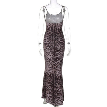 Leopard print u neck backless cami maxi dress