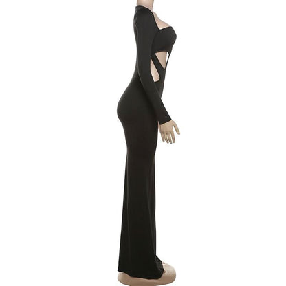 Long sleeve u neck hollow out cut out maxi dress