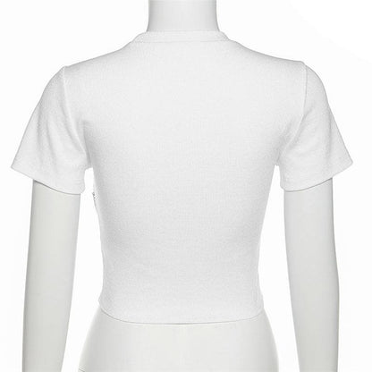 Abstract print metal chain short sleeve crop top