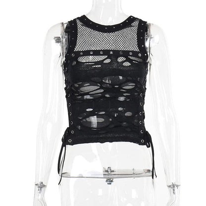 Crewneck fishnet buckle hollow out lace up tank cut out top