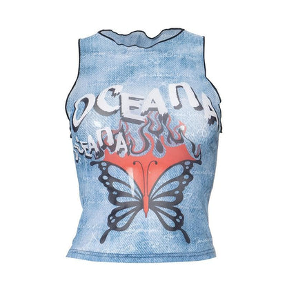 Ruffle butterfly print sheer mesh tank top