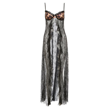 Lace contrast leopard print slit backless cami crop top