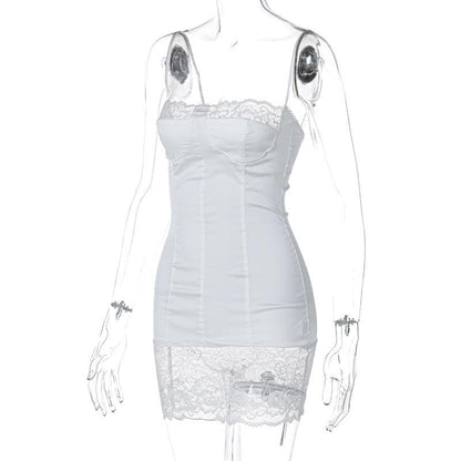 Lace patchwork stitch zip-up backless cami mini dress