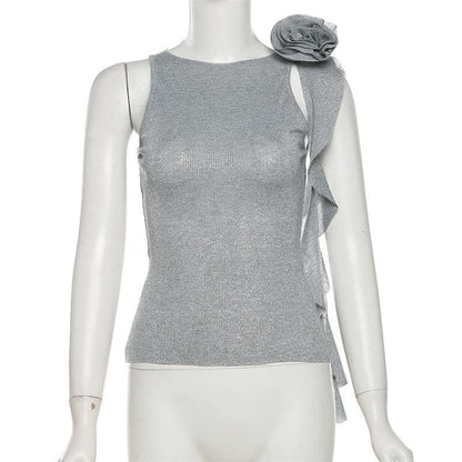 Crewneck flower applique glitter ruffle top