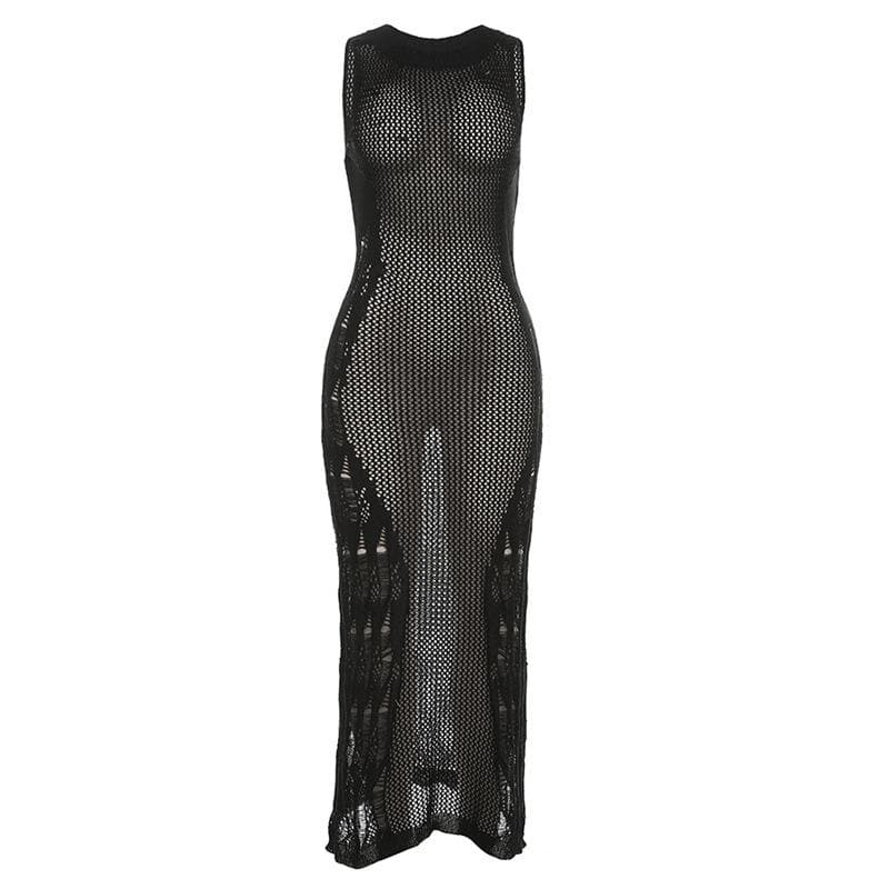 Crochet solid sleeveless see through round neck maxi dress-final-sale