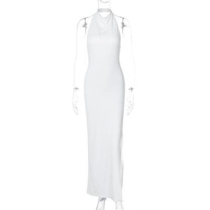 Slit halter sleeveless solid backless ruched maxi dress-final-sale