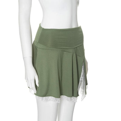 Lace hem slit A line stitch mini skirt