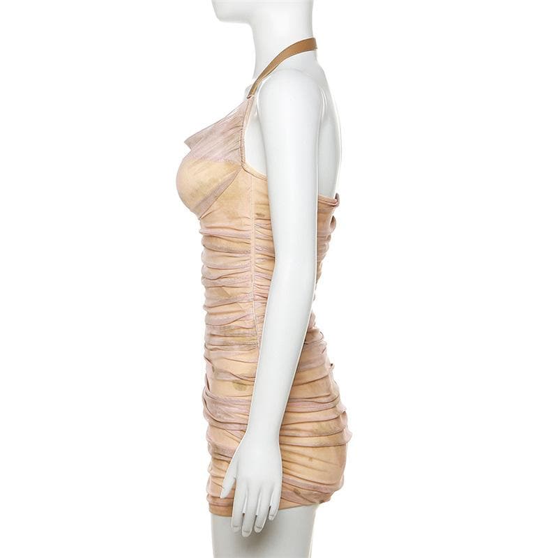 Halter buckle tie dye ruched mini dress