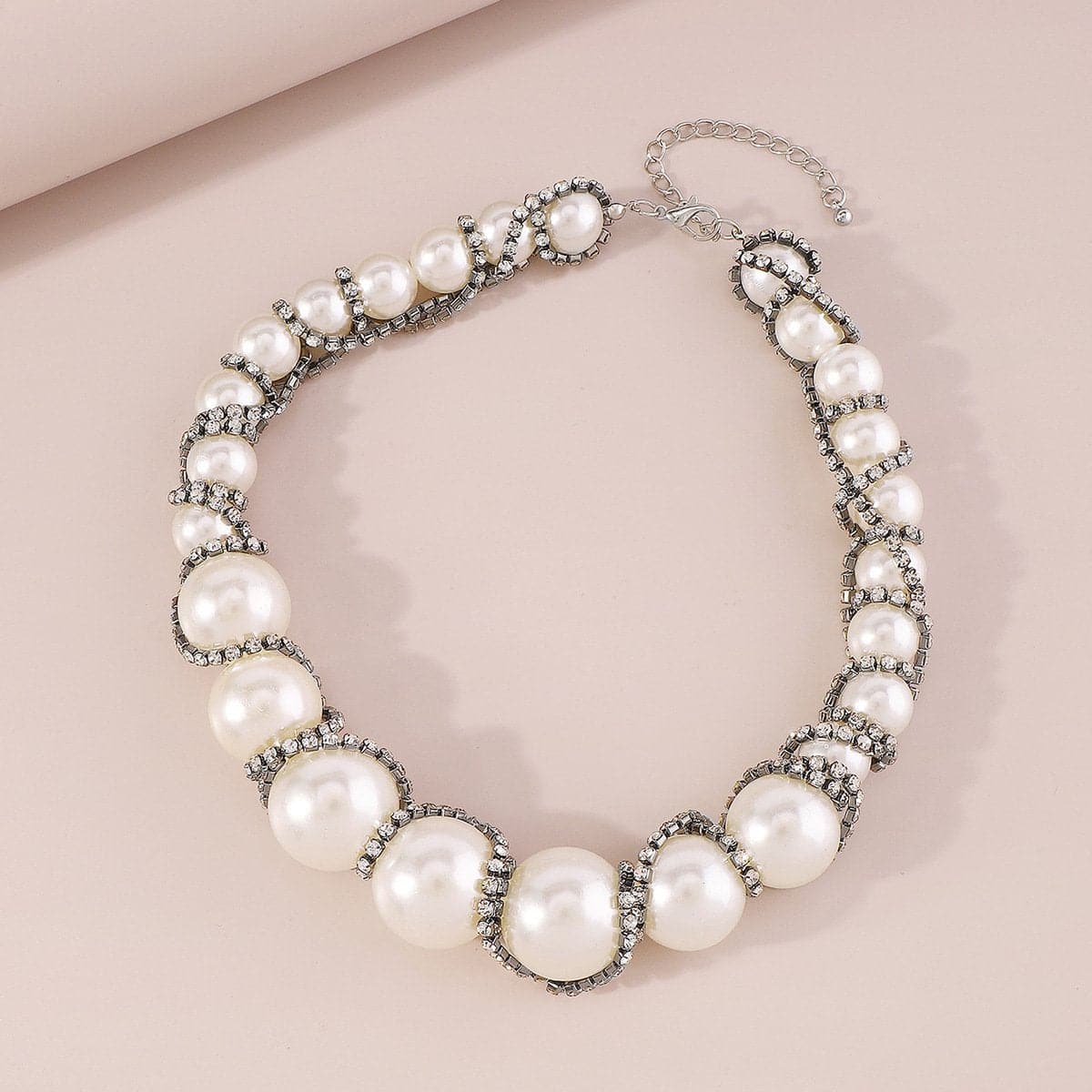 Faux pearl rhinestone beaded choker necklace