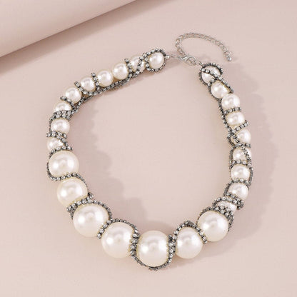 Faux pearl rhinestone beaded choker necklace