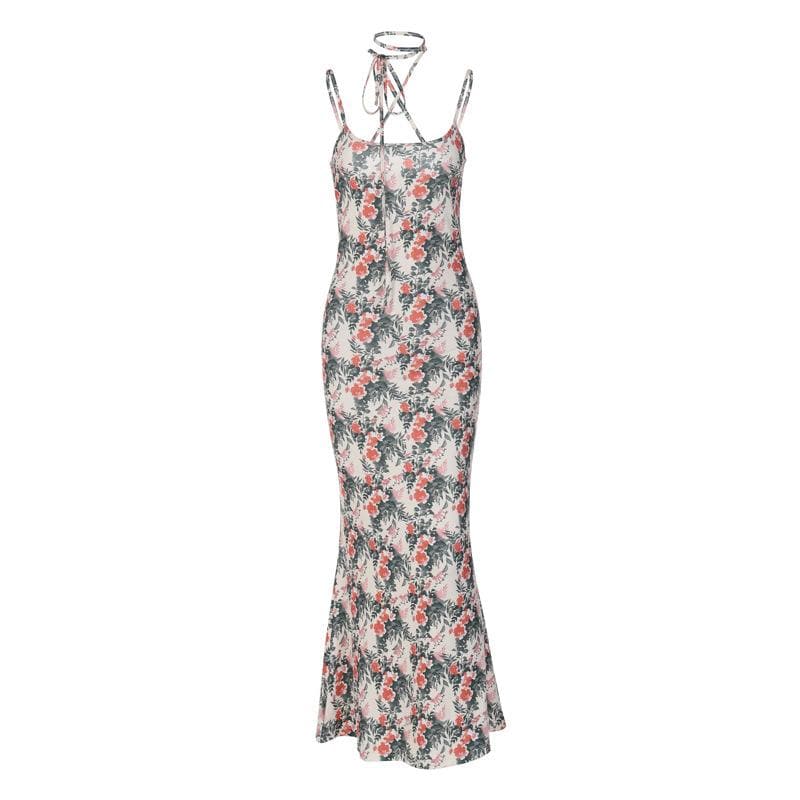 Floral Print Spaghetti Strap Scoop Neck Tie Neck Bodycon Maxi Dress