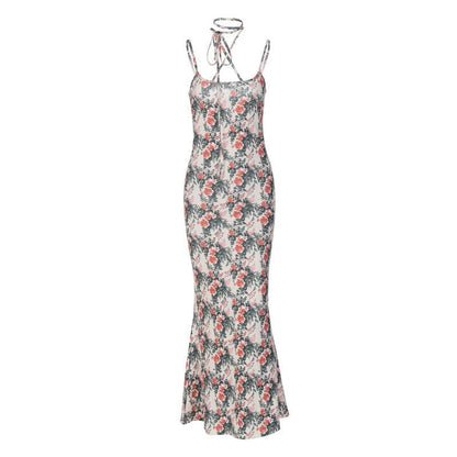 Floral Print Spaghetti Strap Scoop Neck Tie Neck Bodycon Maxi Dress