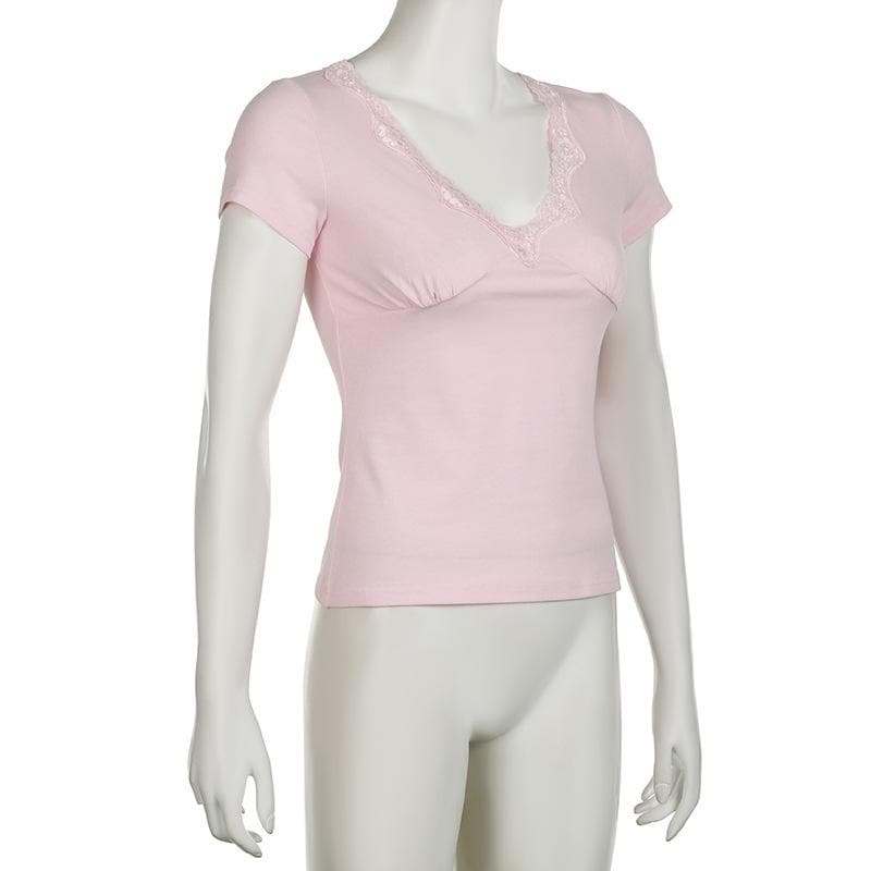 Short sleeve v neck ruched lace hem top