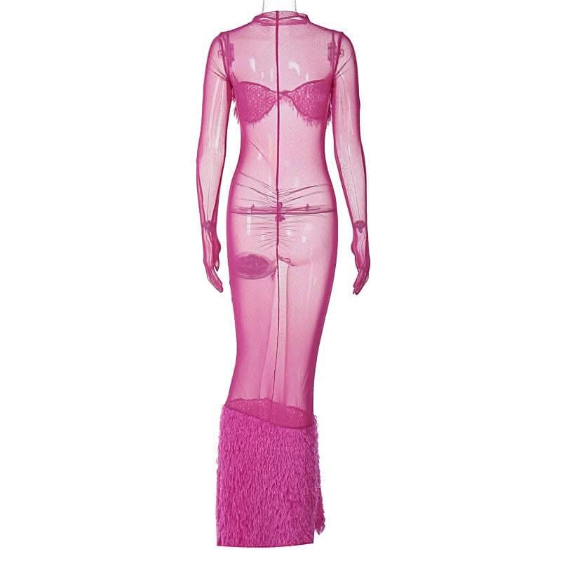 Long sleeve gloves high neck feather mesh see through maxi dress-final-sale