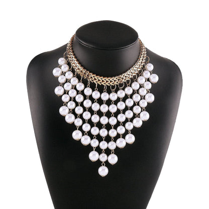Layered faux pearl choker tassels necklace