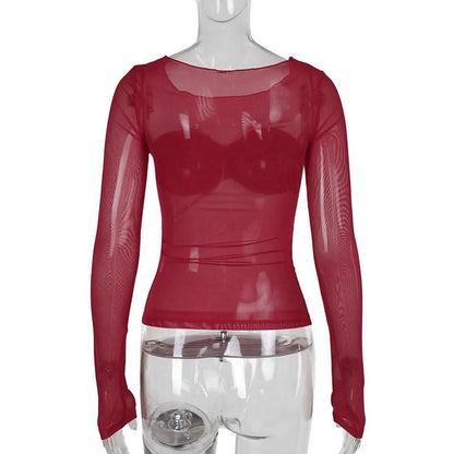 Long sleeve mesh ruched solid top