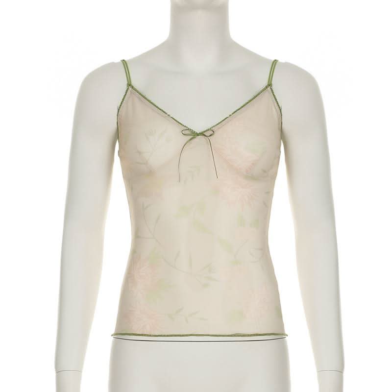 V neck flower print bowknot mesh cami top