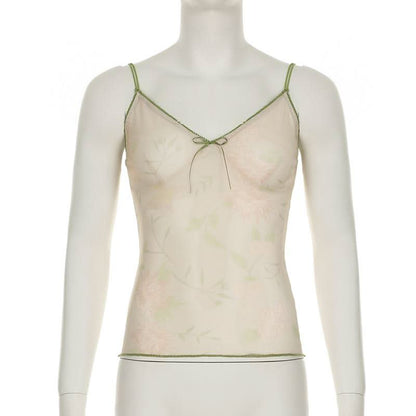 V neck flower print bowknot mesh cami top
