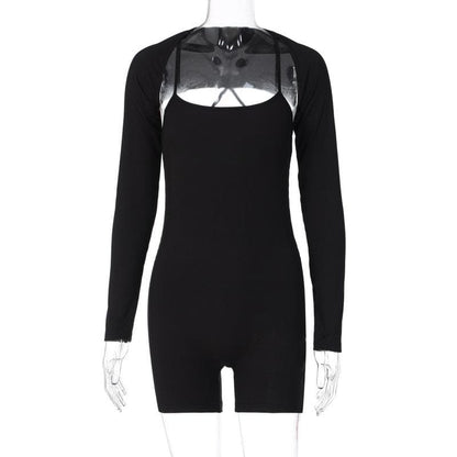 Solid ribbed cross back long sleeve shrug romper