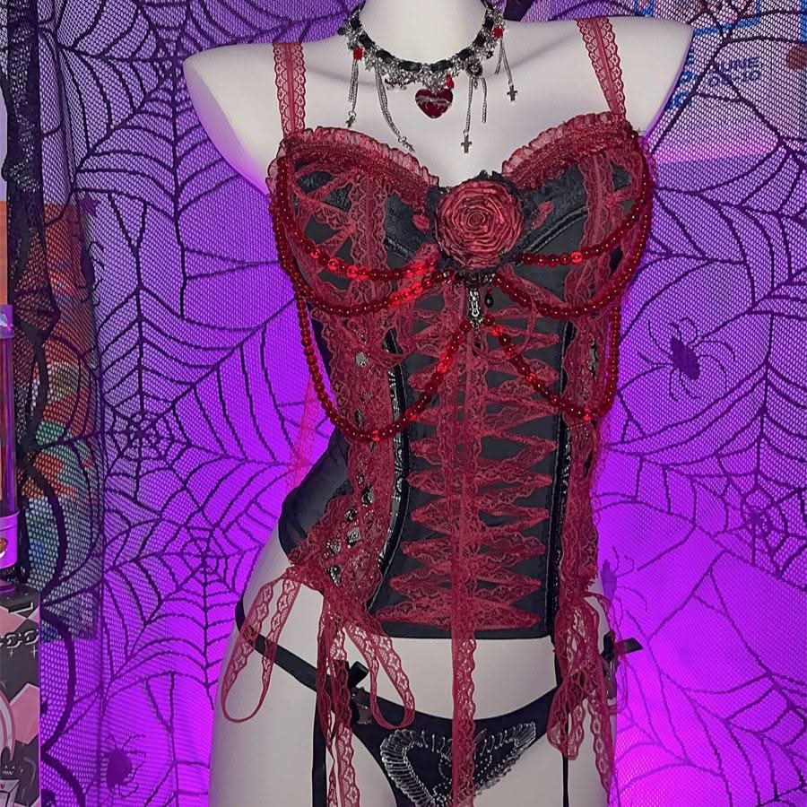 Lace hem beaded flower applique button mesh top