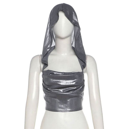 Hoodie metallic backless lace up crop top