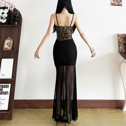 Leopard print mesh lace up cami maxi dress