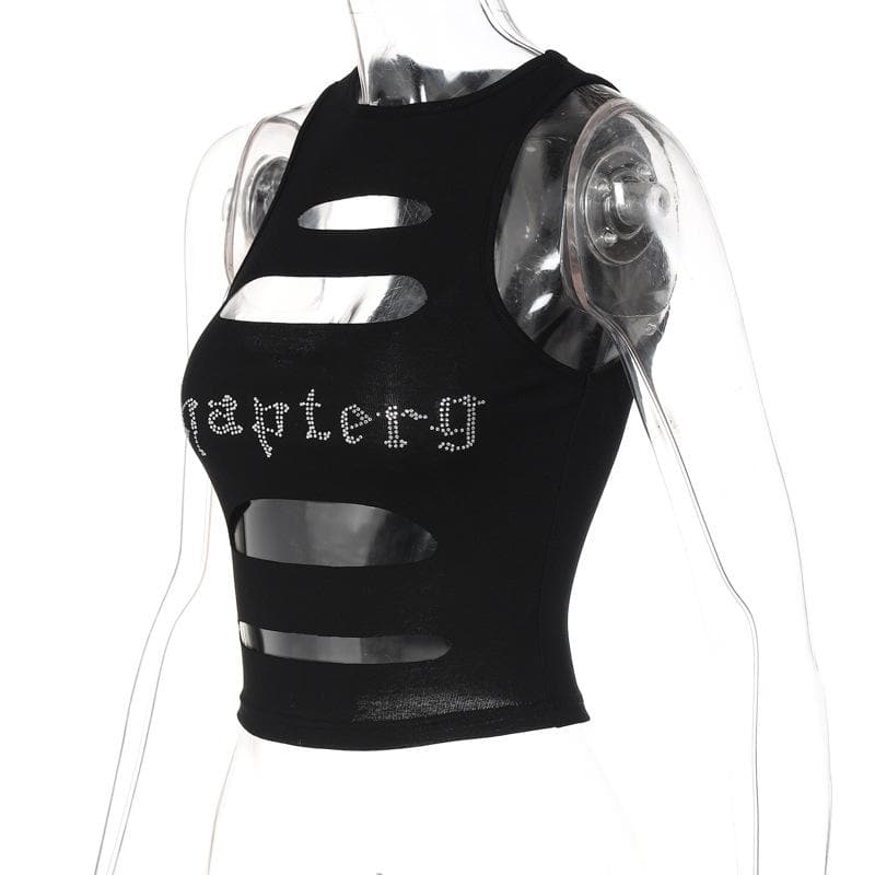 Sleeveless crewneck hollow out beaded contrast crop cut out top