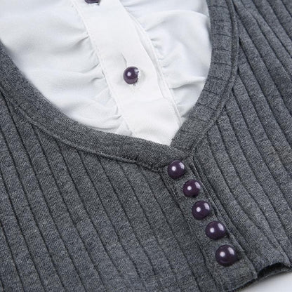 Turnover collar long sleeve button ruched contrast patchwork top