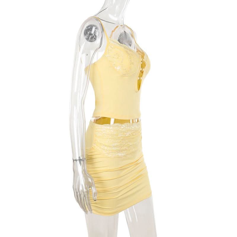 Hollow out v neck lace hem ruched cami mini skirt set