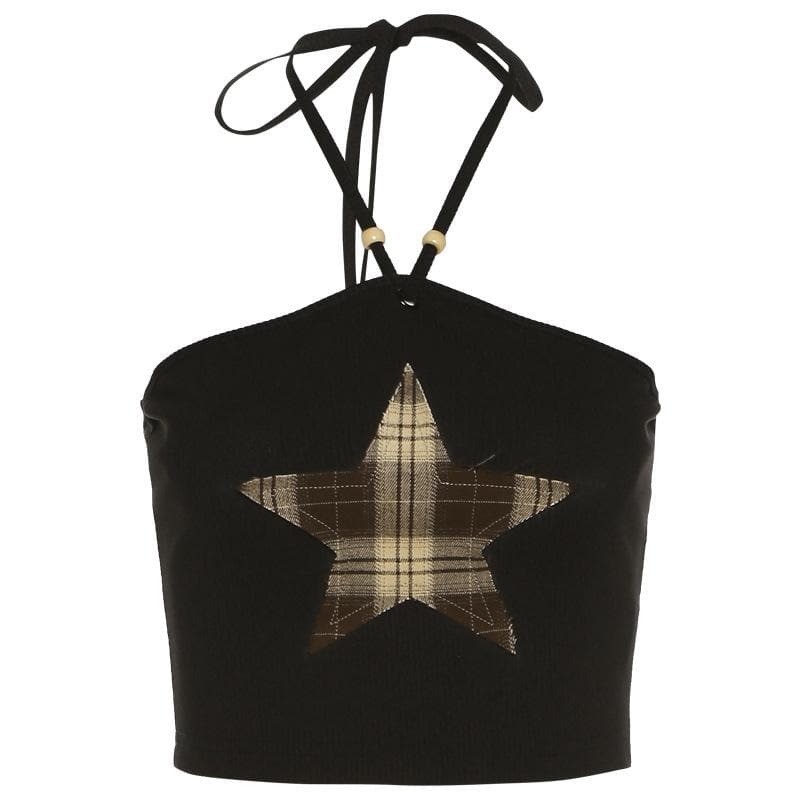 Halter contrast star pattern self tie backless crop top