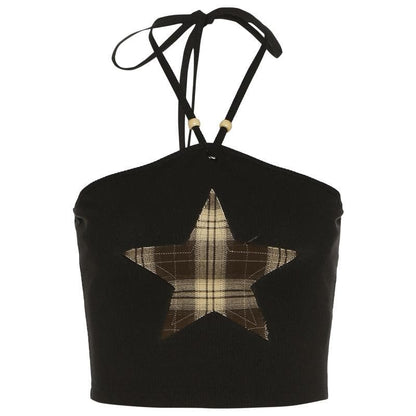 Halter contrast star pattern self tie backless crop top