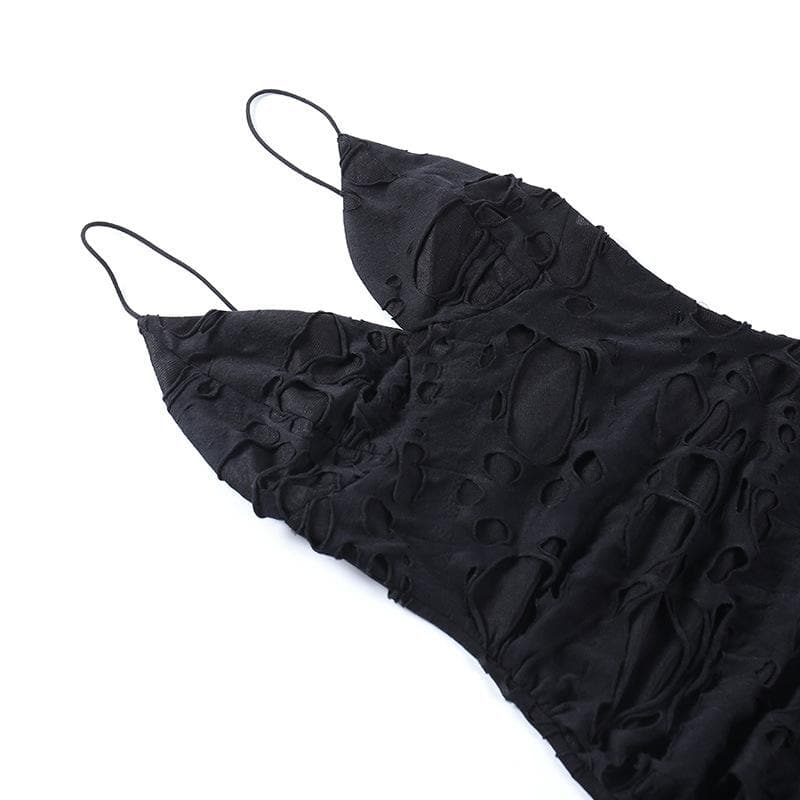 Distressed Ruched Mesh Insert Spaghetti Strap Mini Dress