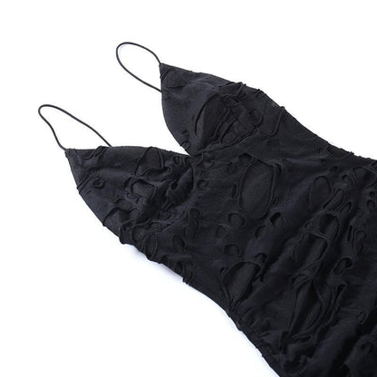 Distressed Ruched Mesh Insert Spaghetti Strap Mini Dress