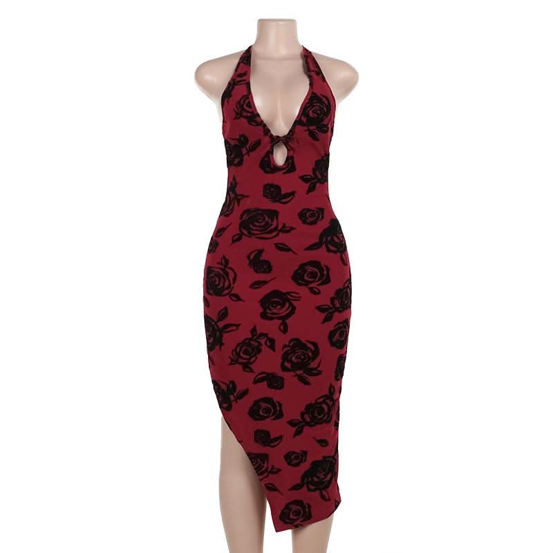Halter v neck slit backless mesh self tie midi dress