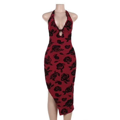 Halter v neck slit backless mesh self tie midi dress