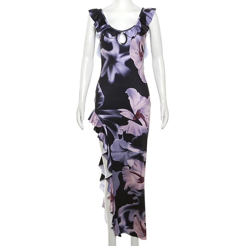 Floral Print Cap Sleeve Ruffle Keyhole Asymmetric Slit Maxi Dress