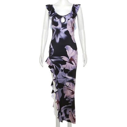 Floral Print Cap Sleeve Ruffle Keyhole Asymmetric Slit Maxi Dress