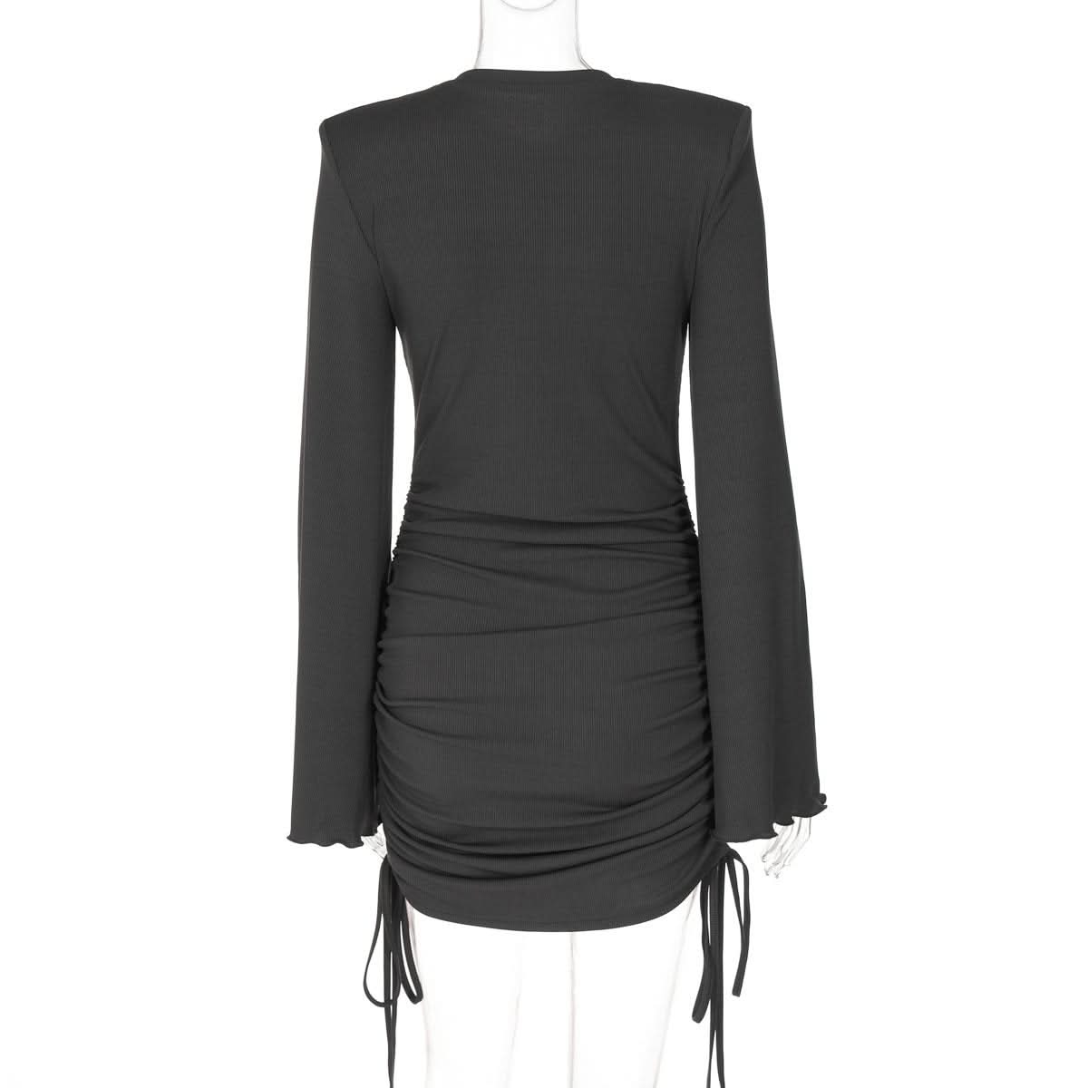 Long flared sleeve crewneck padded drawstring mini dress