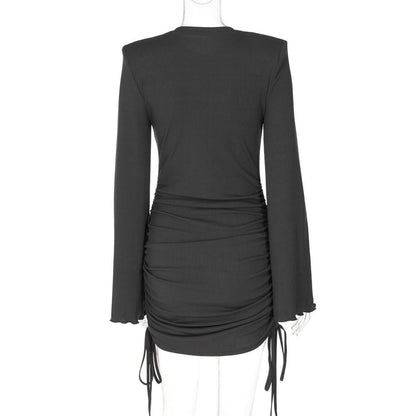 Long flared sleeve crewneck padded drawstring mini dress
