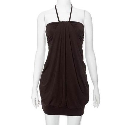Halter backless ruched solid mini dress