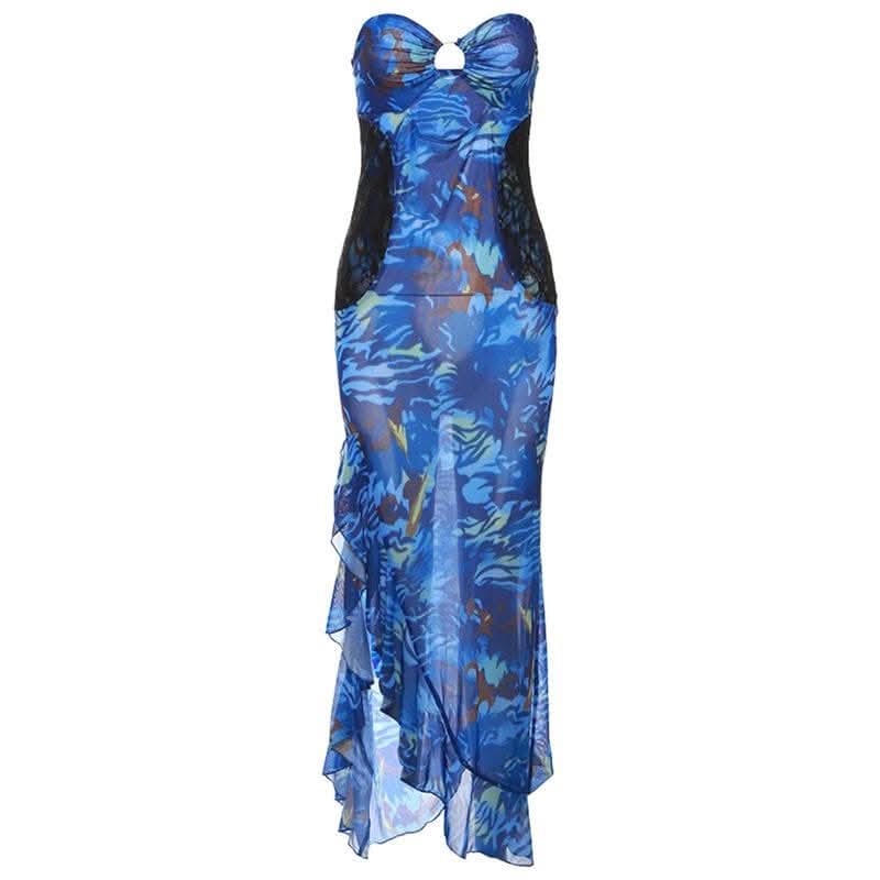 Mesh see through hollow out o ring contrast print ruffle cut out maxi dress-final-sale