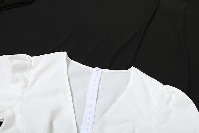 Puff sleeve v neck bowknot zip-up mini dress