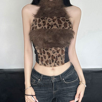 Halter high neck fluffy leopard print top