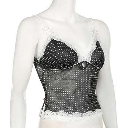 V neck polka dot print lace hem bowknot top