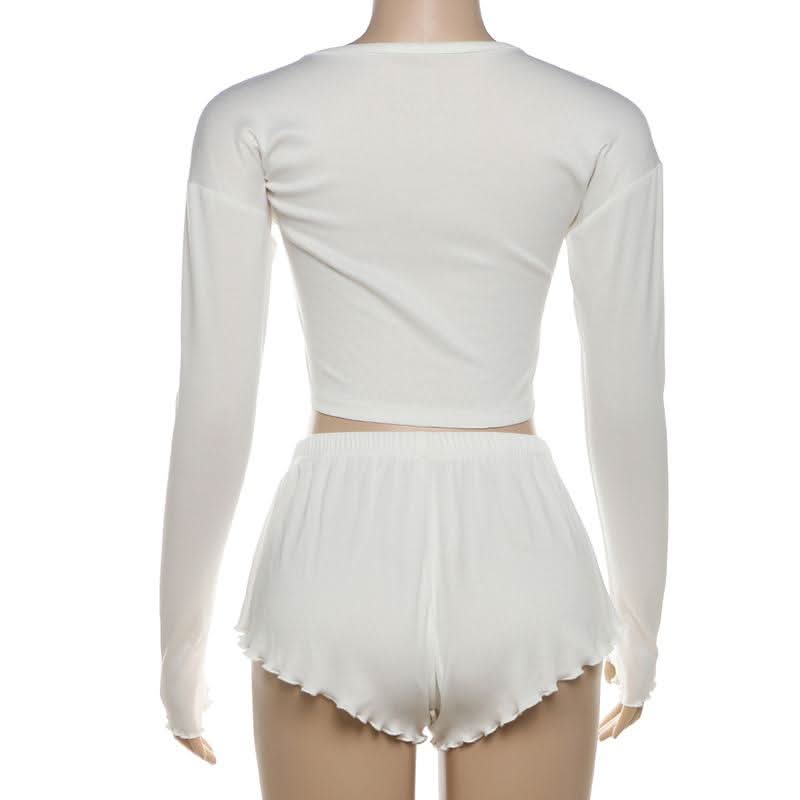 Long sleeve textured ruffle button short pant set