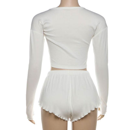 Long sleeve textured ruffle button short pant set